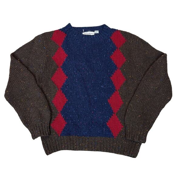 Vintage Yves Saint Laurent YSL Menswear Wool Hand Knit Argyle Sweater Large - Picture 1 of 8